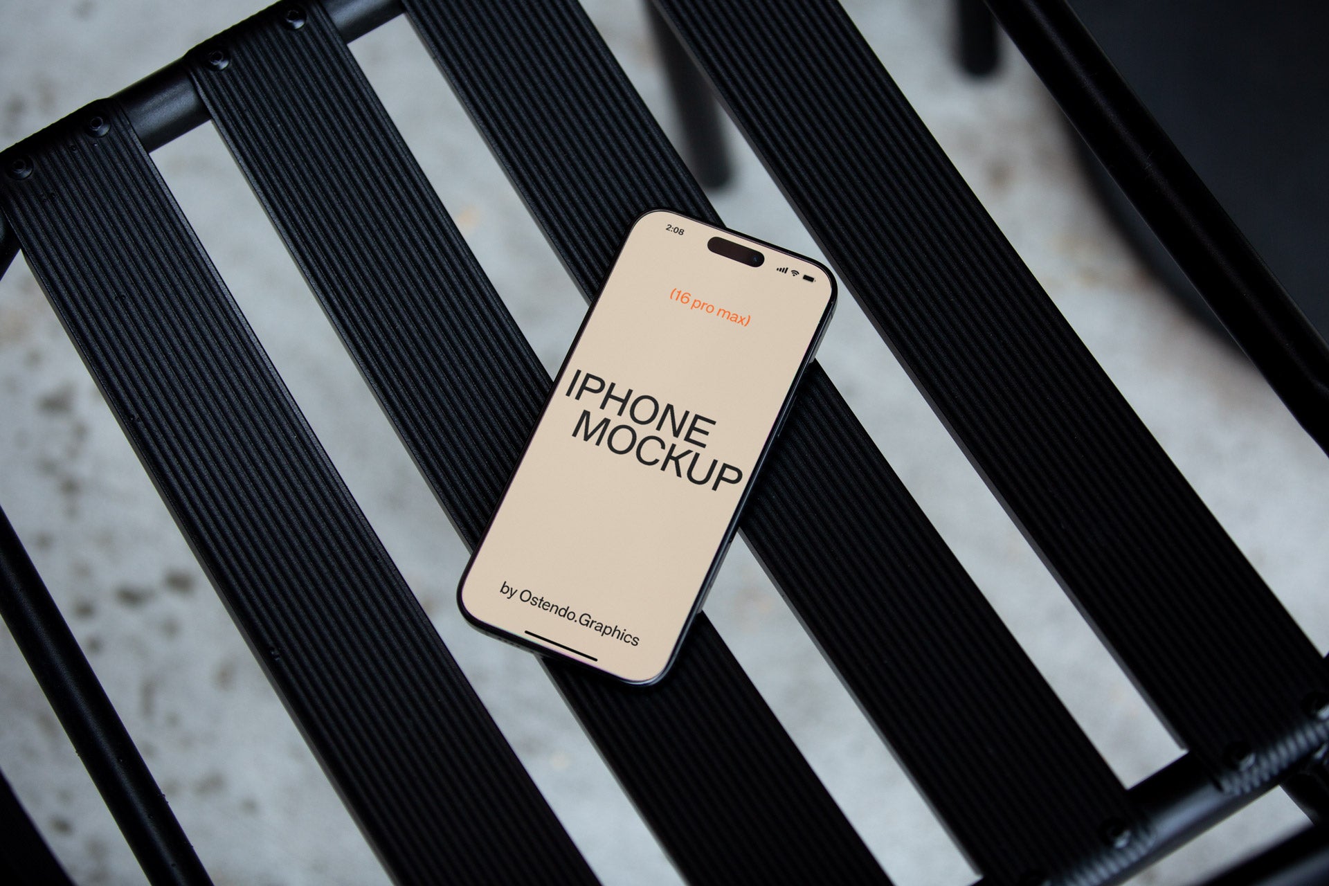 DD18 iPhone 16 Pro Max Mockup on Black Chair