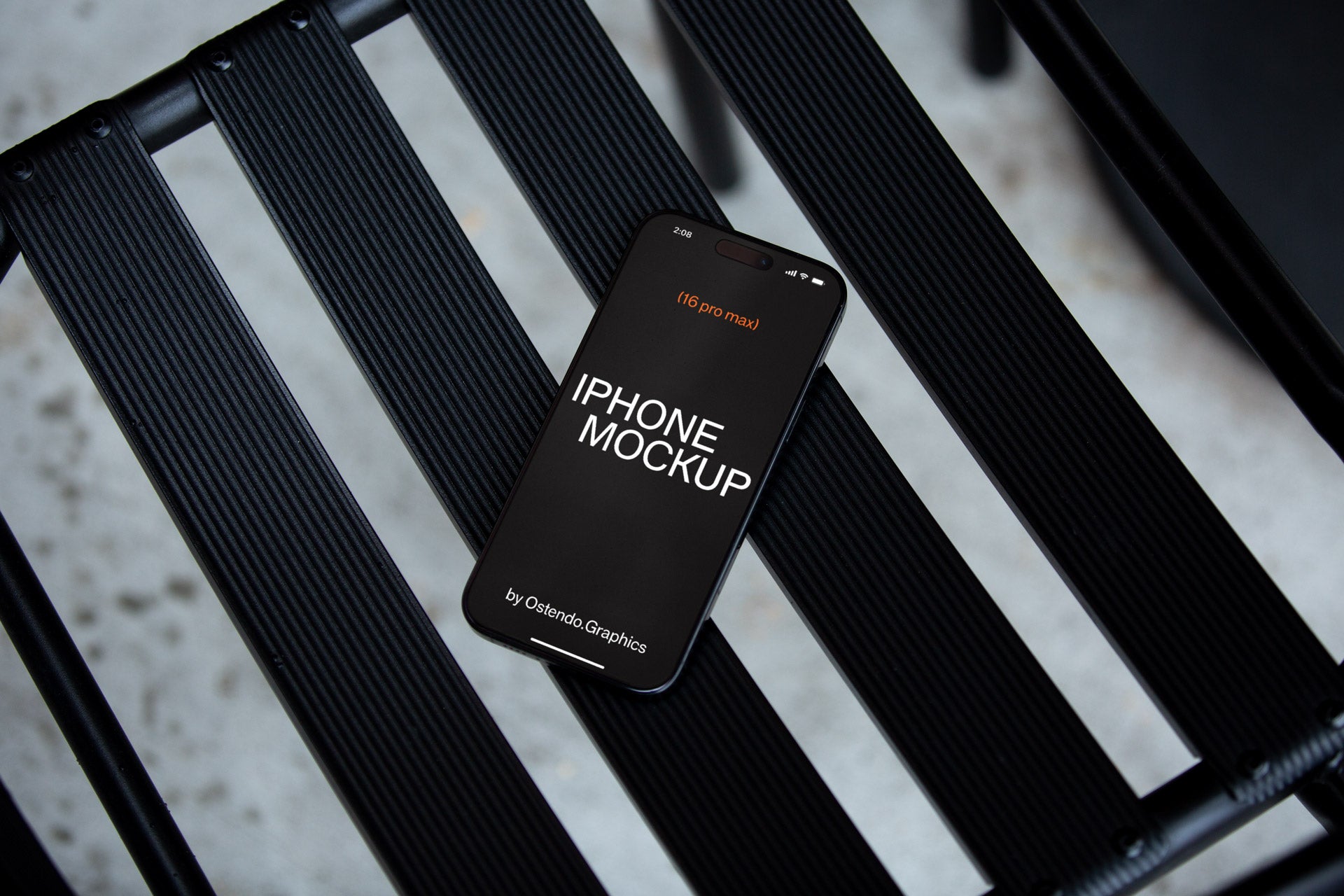 DD18 iPhone 16 Pro Max Mockup on Black Chair