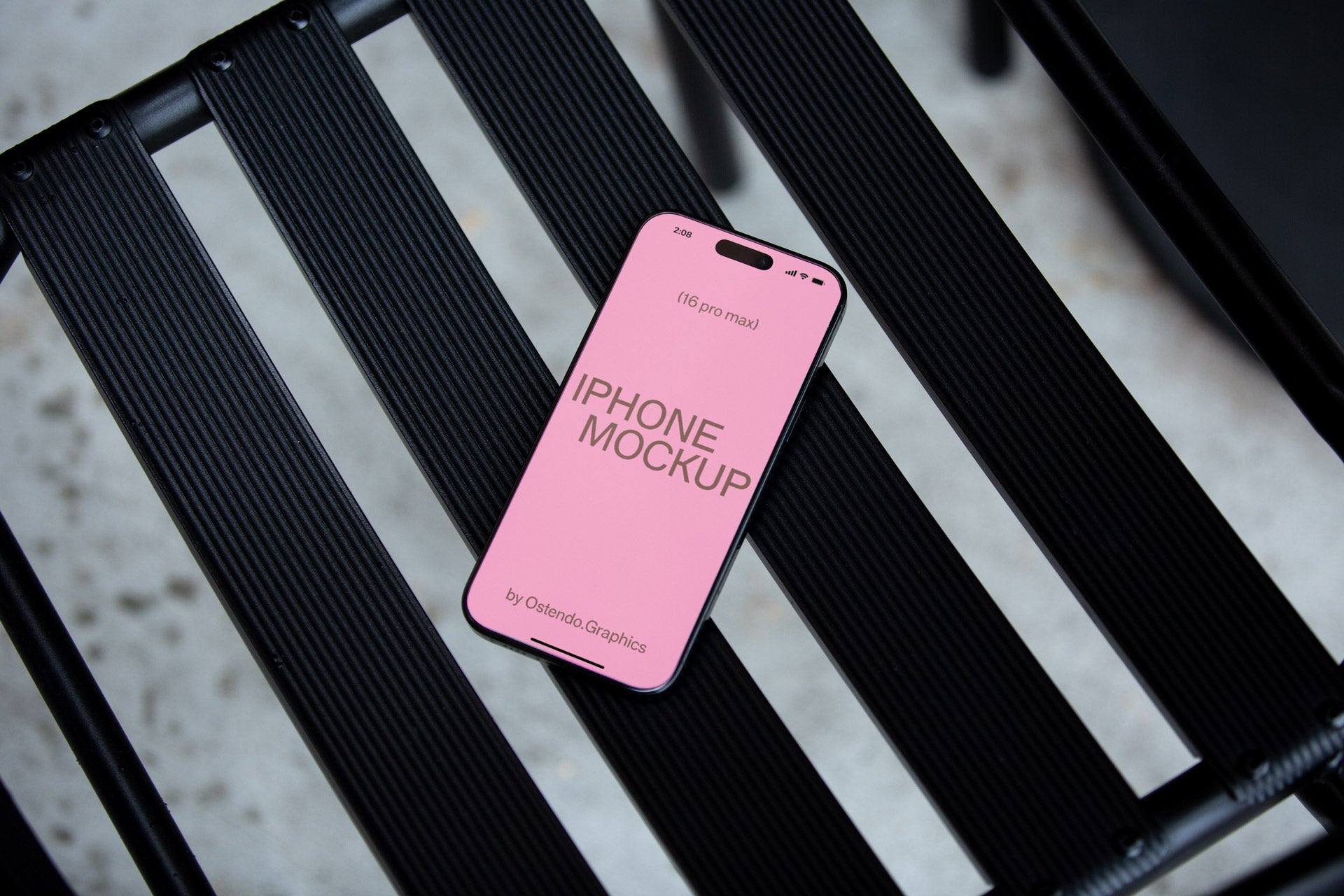 DD18 iPhone 16 Pro Max Mockup on Black Chair