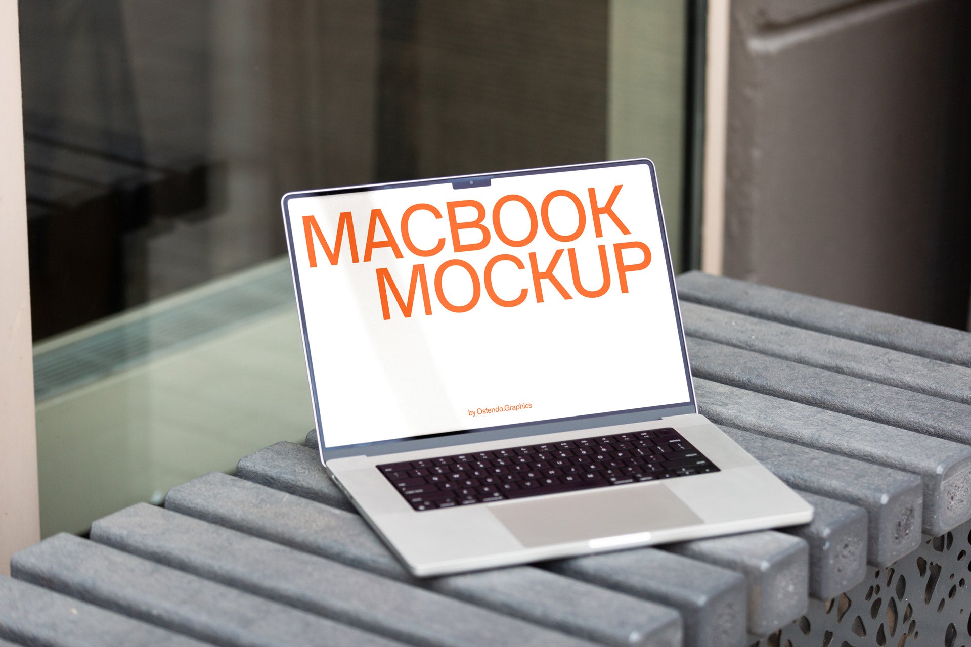 DD42 Macbook Pro Mockup on an Urban Outdoor Bench