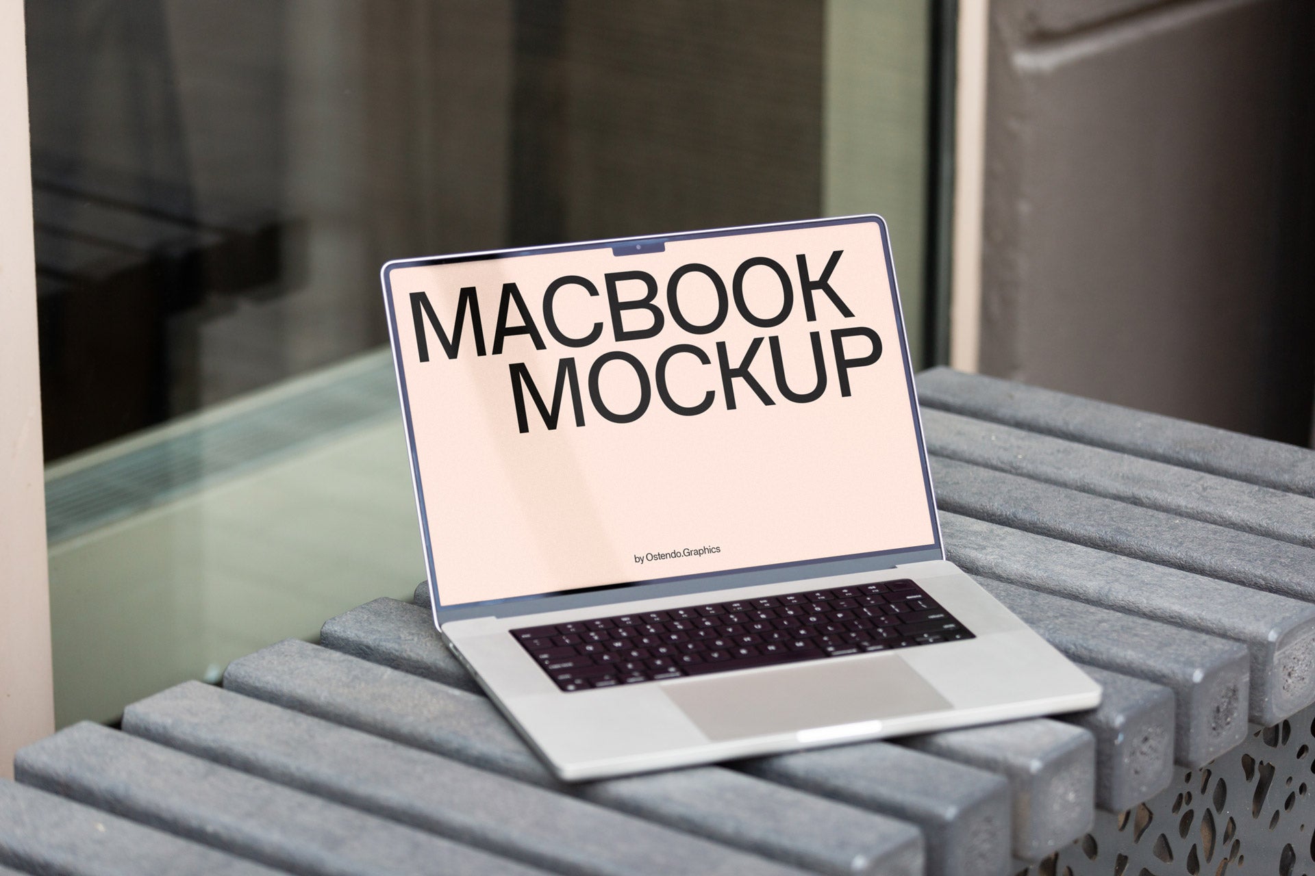 DD42 Macbook Pro Mockup on an Urban Outdoor Bench