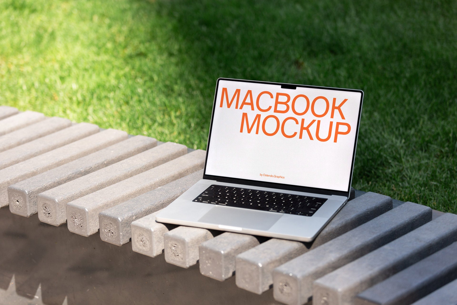 DD43 Macbook Pro Mockup on Modern Park Bench