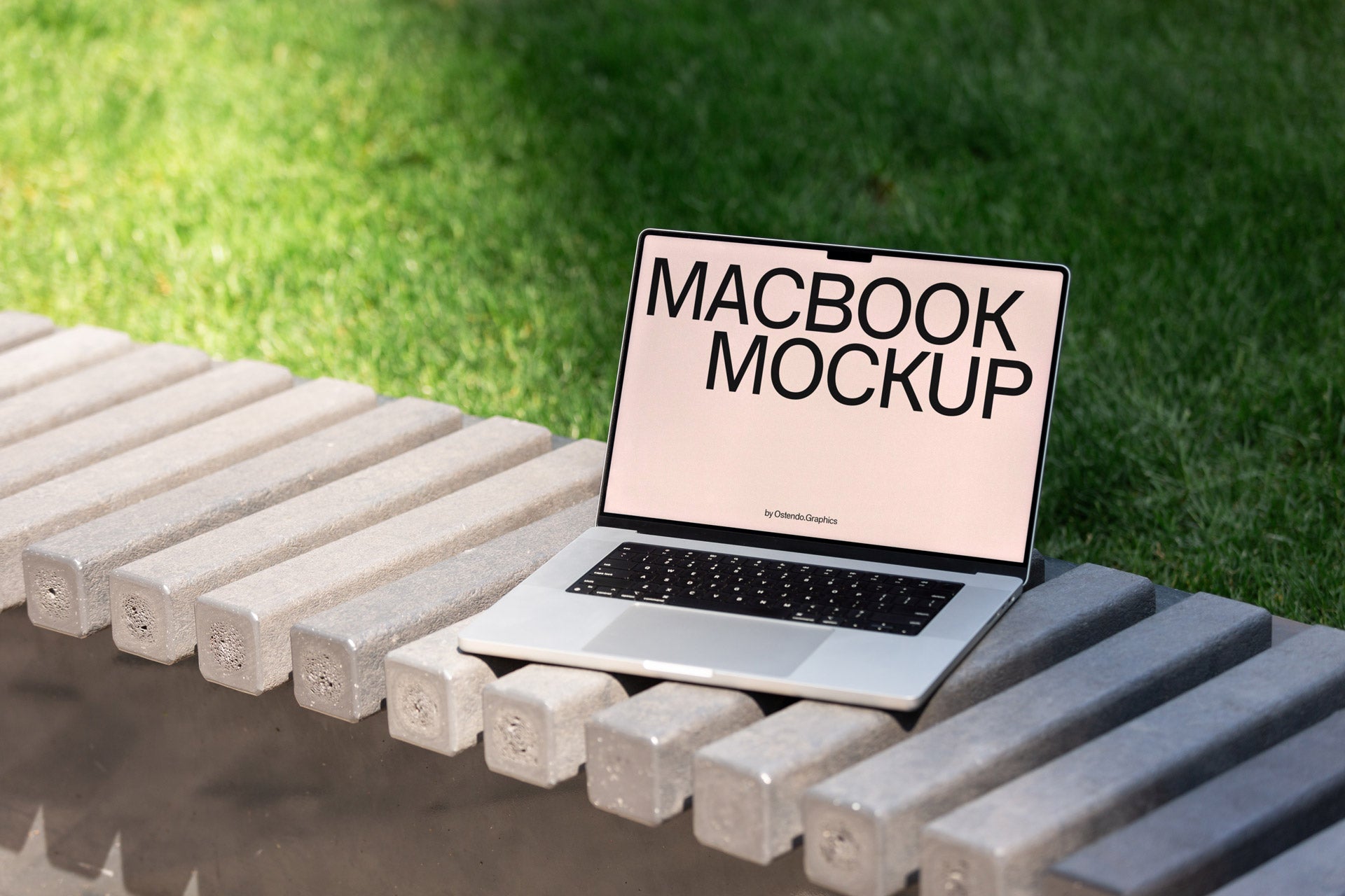 DD43 Macbook Pro Mockup on Modern Park Bench