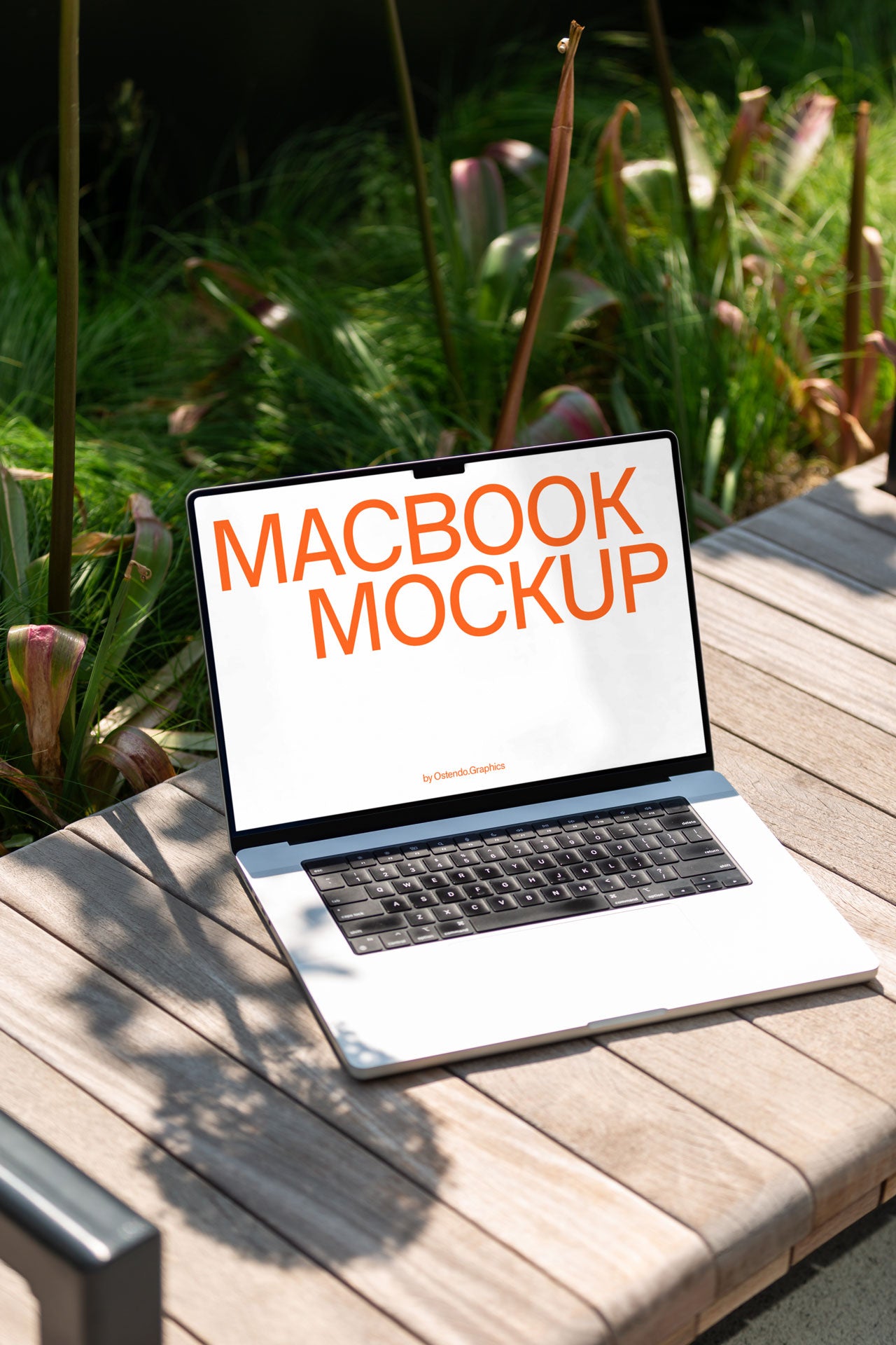 DD48 Macbook Pro Mockup on a Garden Bench
