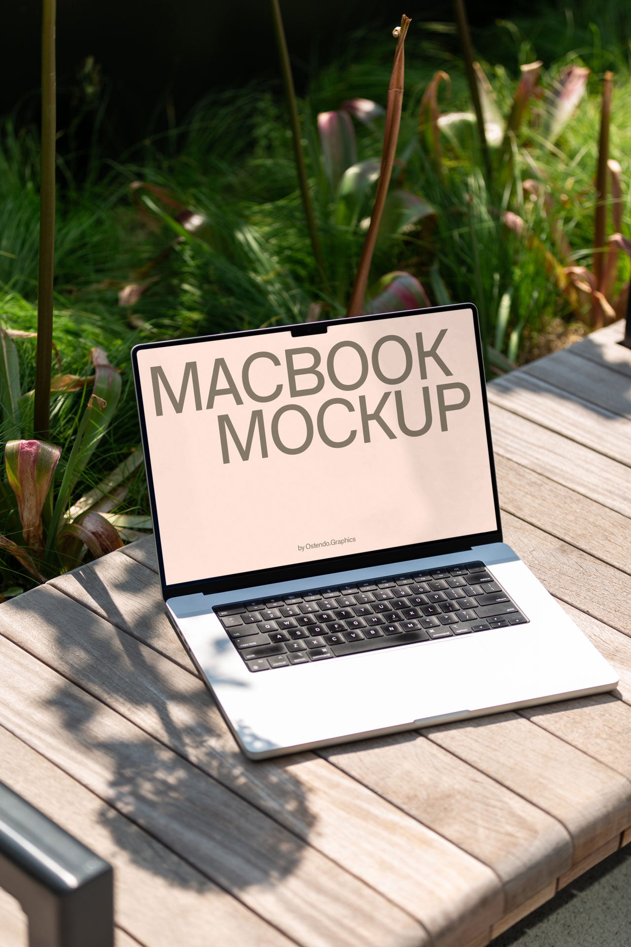 DD48 Macbook Pro Mockup on a Garden Bench