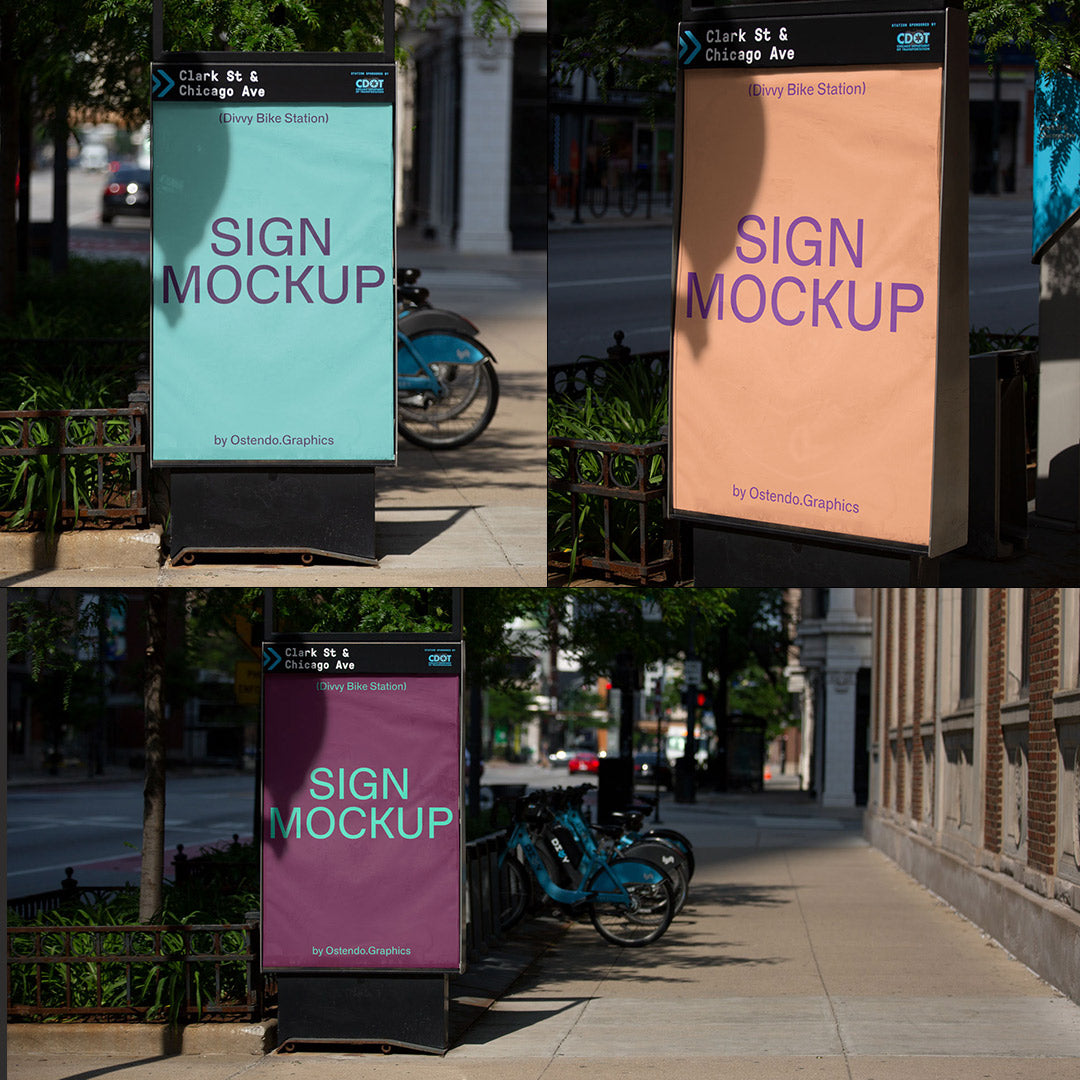 SI10–12 Divvy Bike Stand  Bundle — Daytime Billboard Mockups