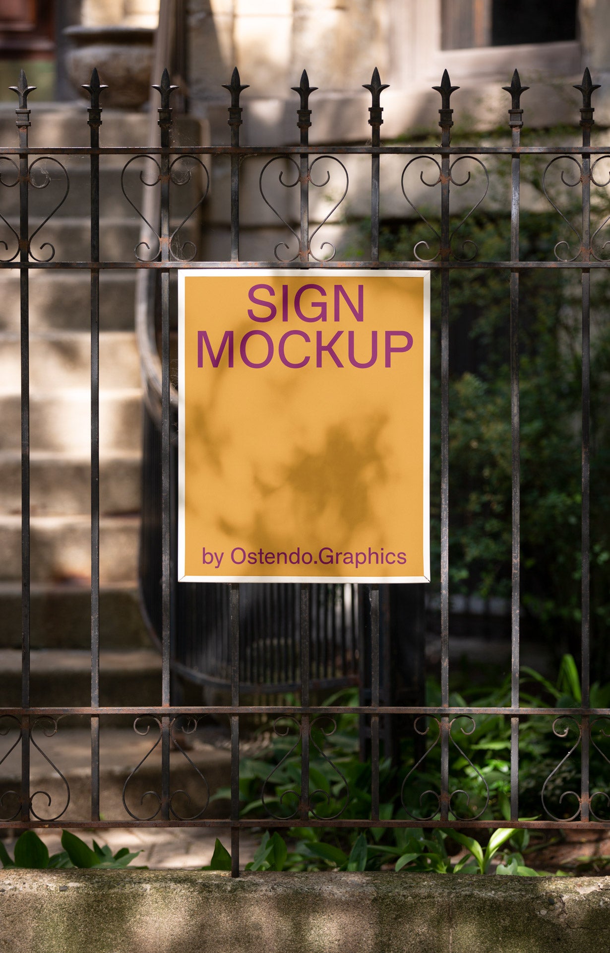 SI14 Sign Mockup on Iron Fence, Daytime with Shadows