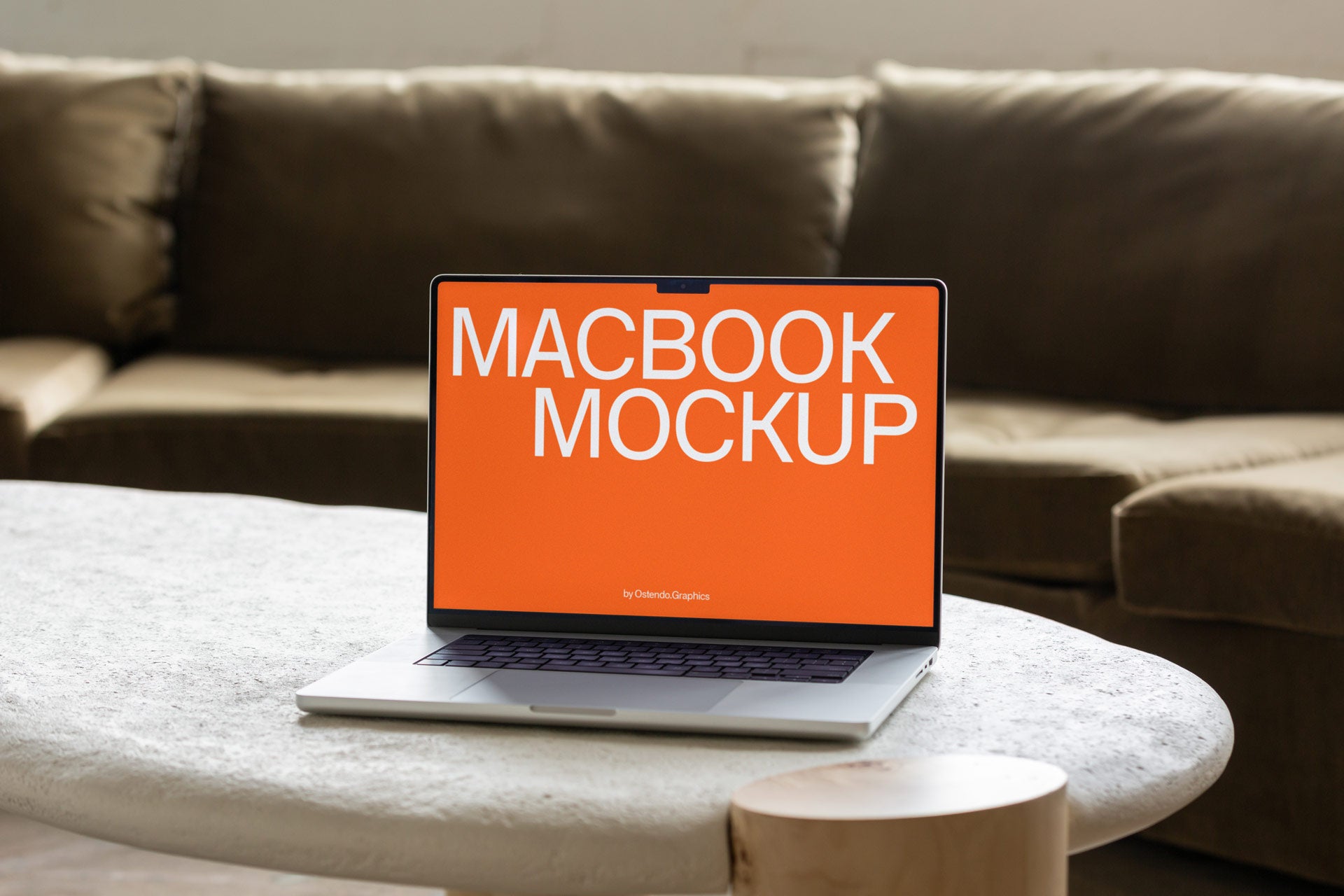 DD62 Macbook Pro Mockup on Stone Coffee Table