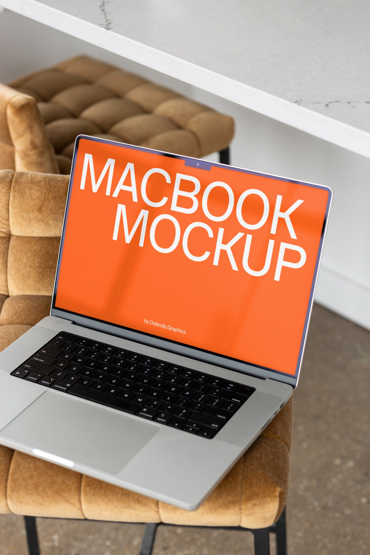 DD68 Macbook Pro Mockup on a High-top Chair